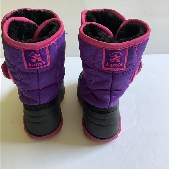 Kamik Kids 7 Purple Pink Snow Boots Hook n’ Loop Close Black Faux Fur - Picture 6 of 8